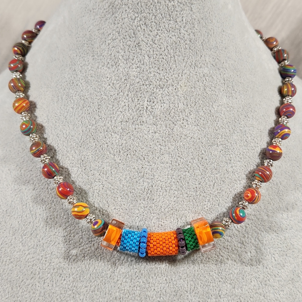 Genuine Sterling Silver Artisan Handcrafted Rainbow Stone & Glass Choker